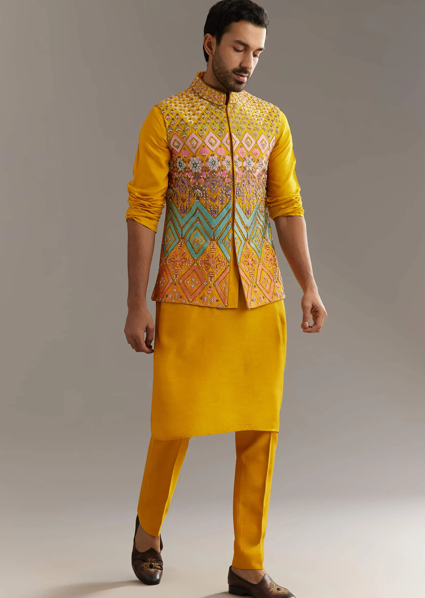 Yellow Silk Kurta Jacket Set With Multicolor Hand Work