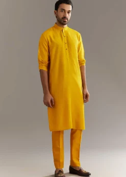 Yellow Silk Kurta Jacket Set With Multicolor Hand Work