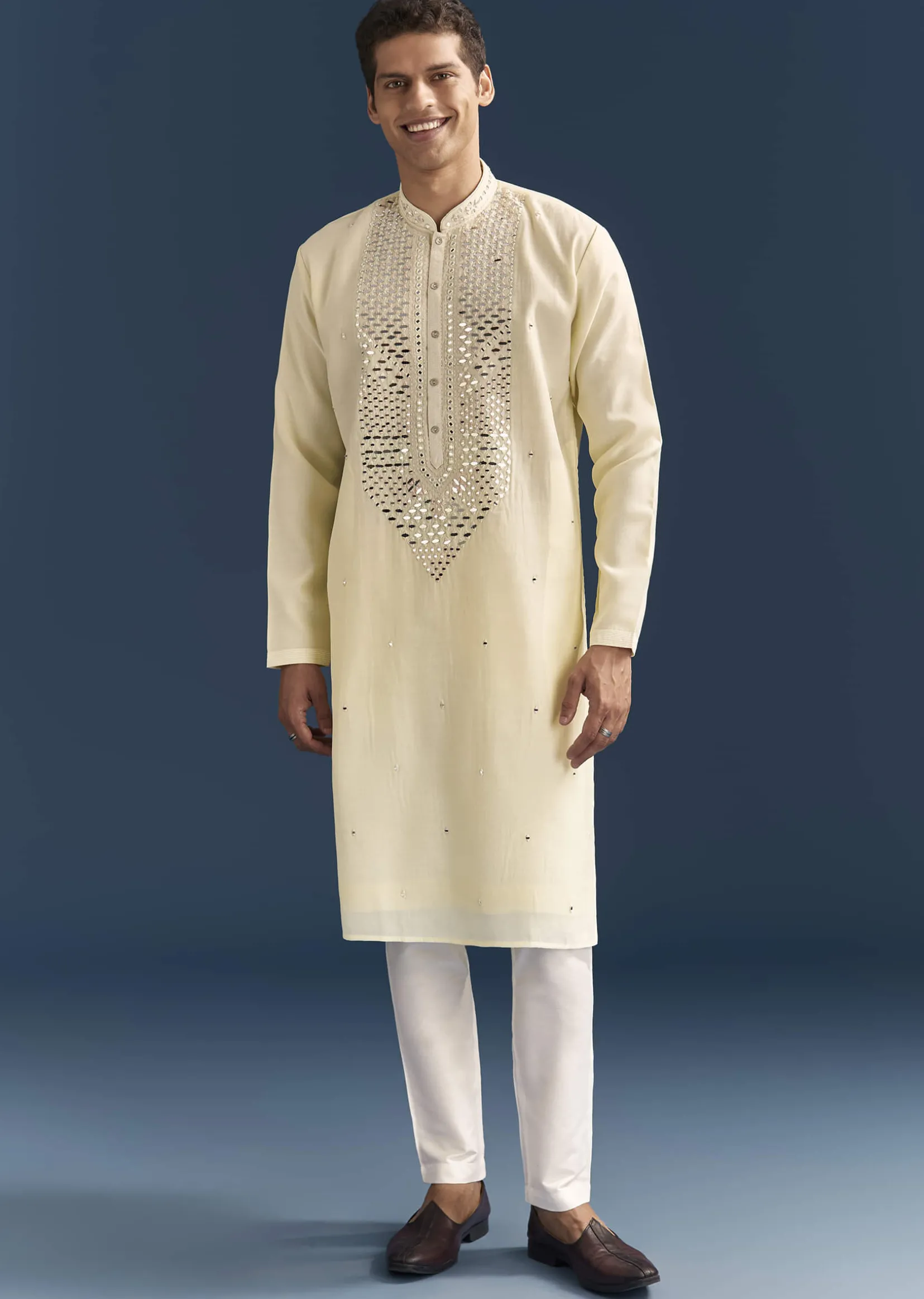 Yellow Silk Kurta Set For Men With Mirror Embroidery