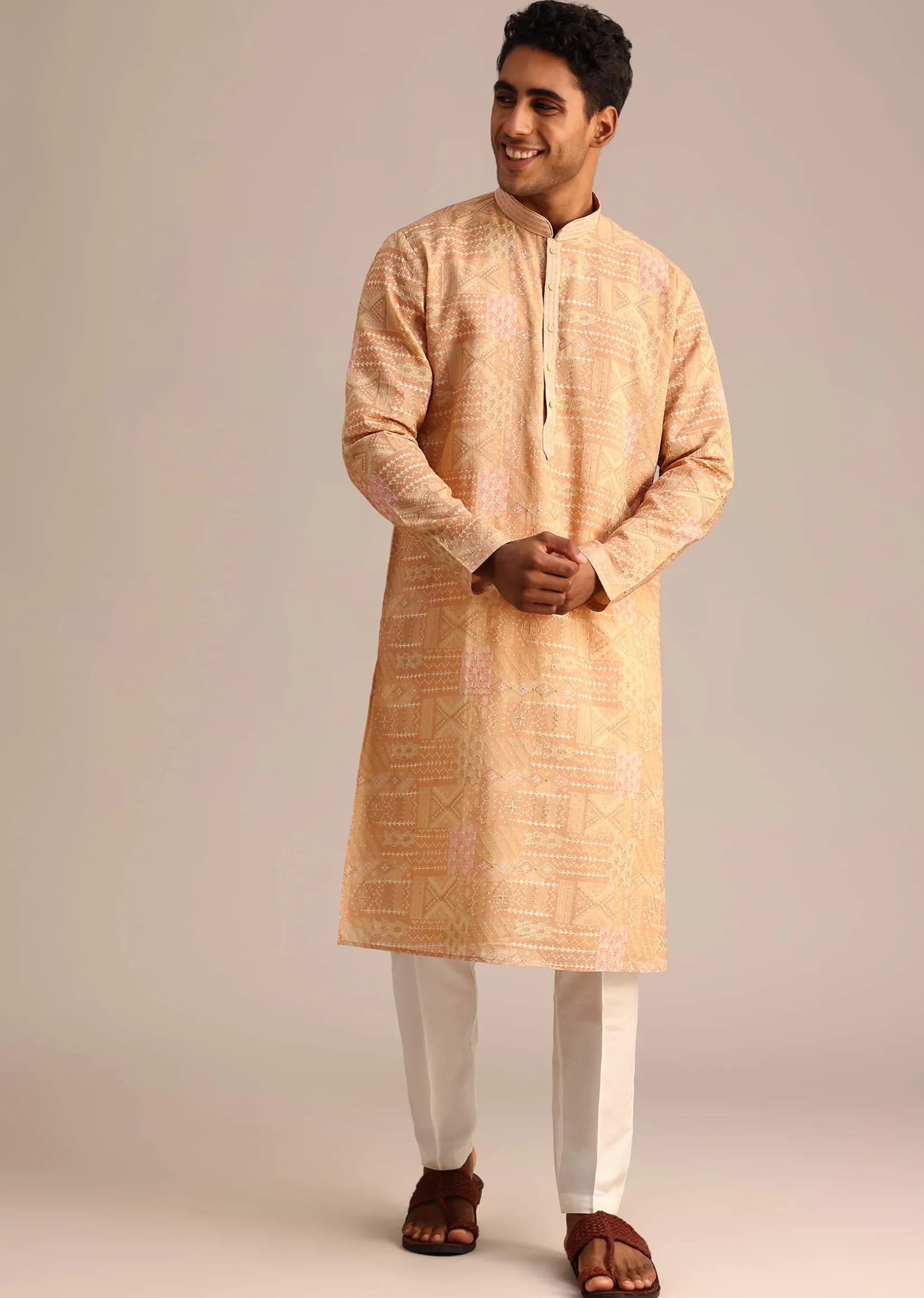 Yellow Silk Kurta Set With Printed Work