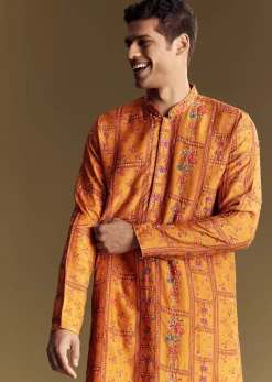 Yellow Silk Kurta Set With Thread Embroidery And Sequin Accents