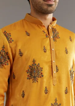 Yellow Silk Kurta Set With Artistic Print