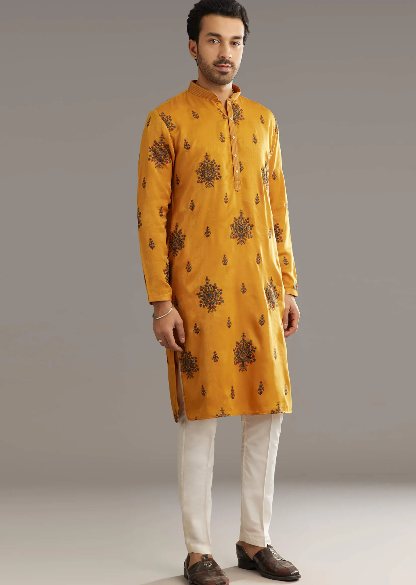 Yellow Silk Kurta Set With Artistic Print