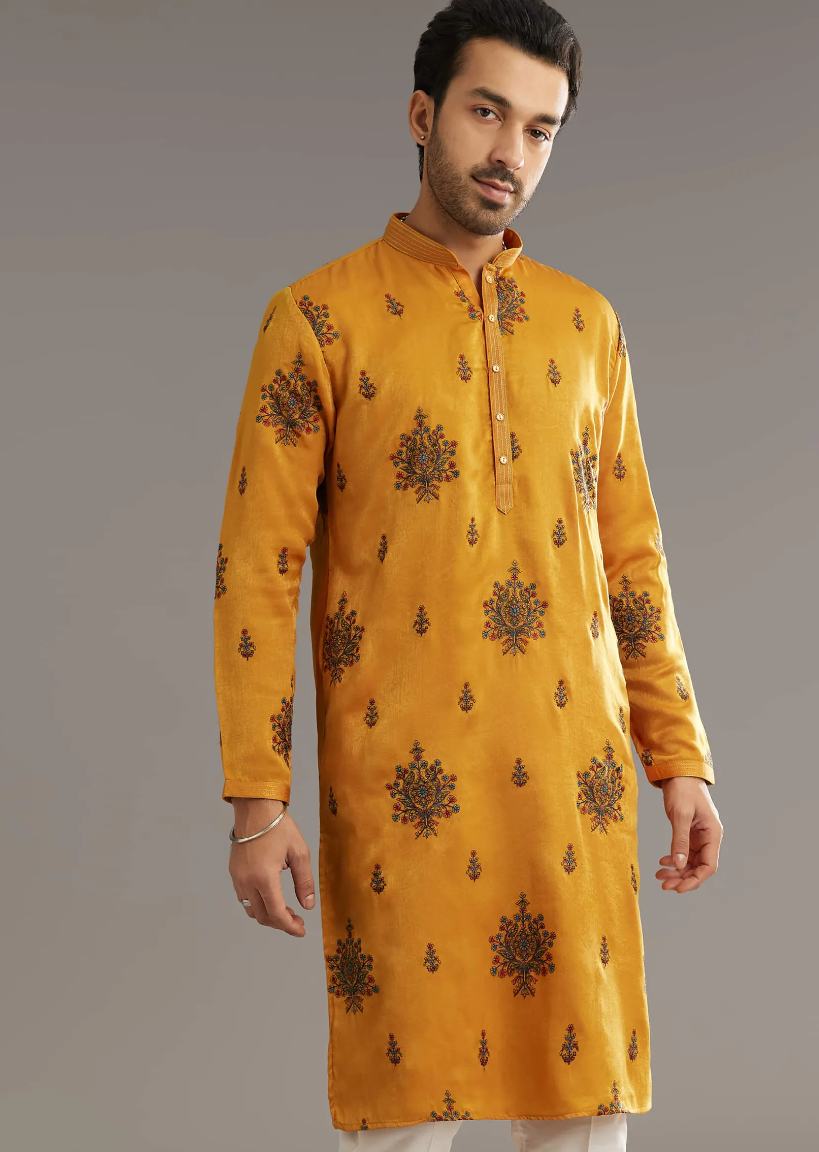 Yellow Silk Kurta Set With Artistic Print
