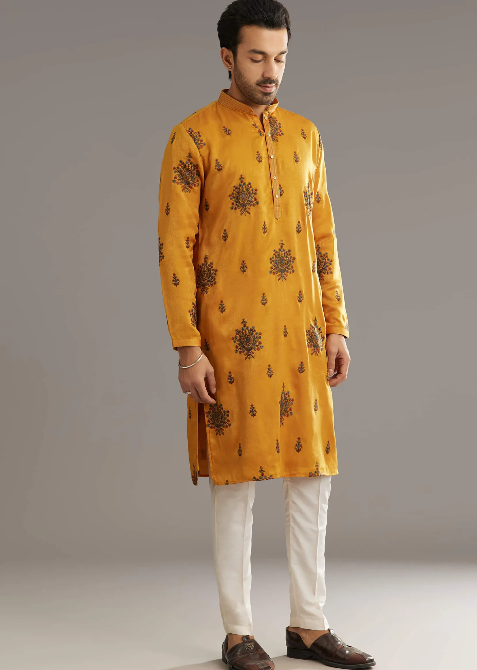 Yellow Silk Kurta Set With Artistic Print