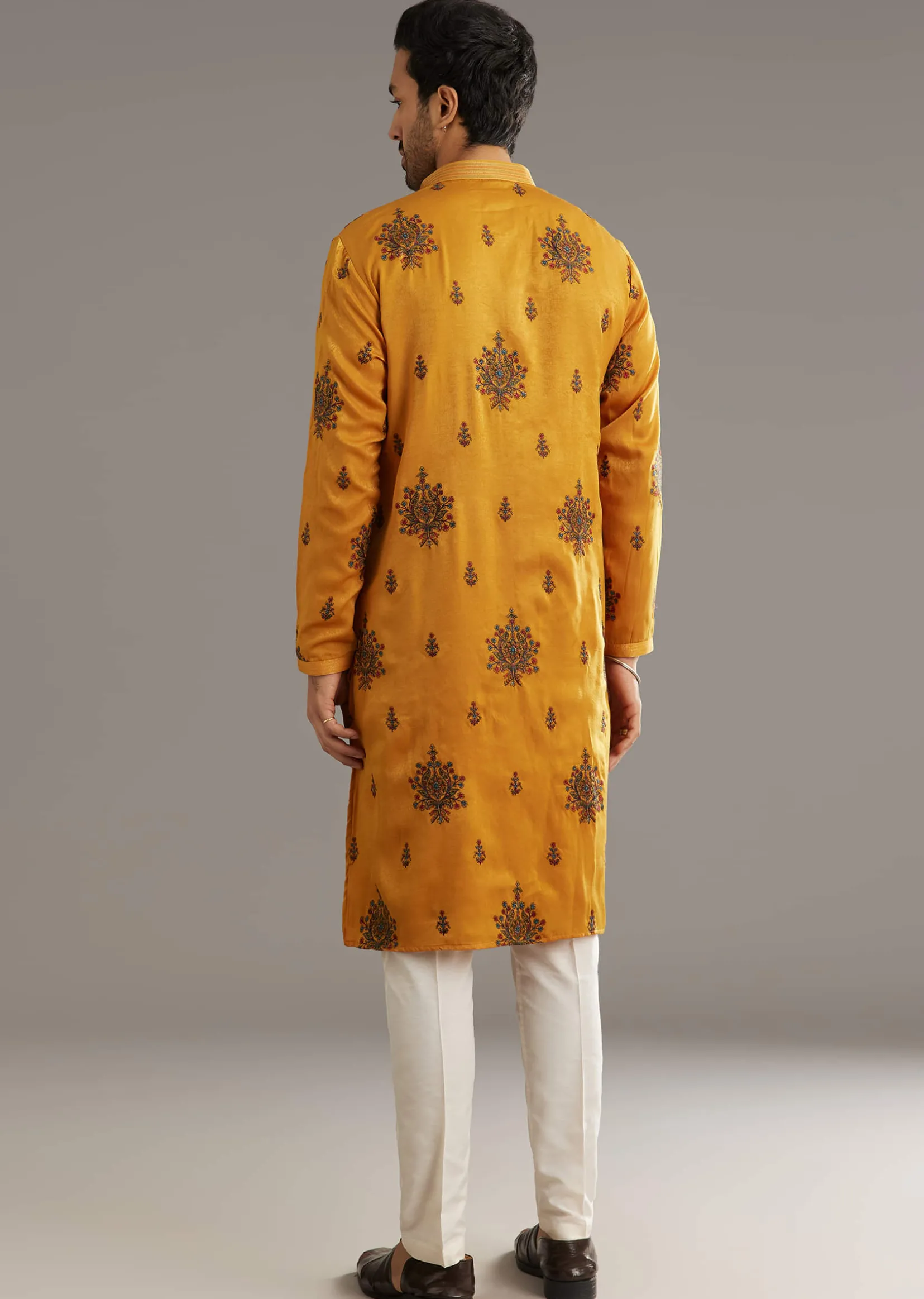 Yellow Silk Kurta Set With Artistic Print