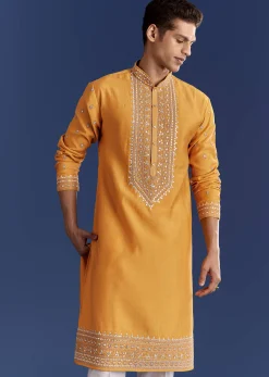 Yellow Silk Kurta Set With Yoke Thread And Mirror Work