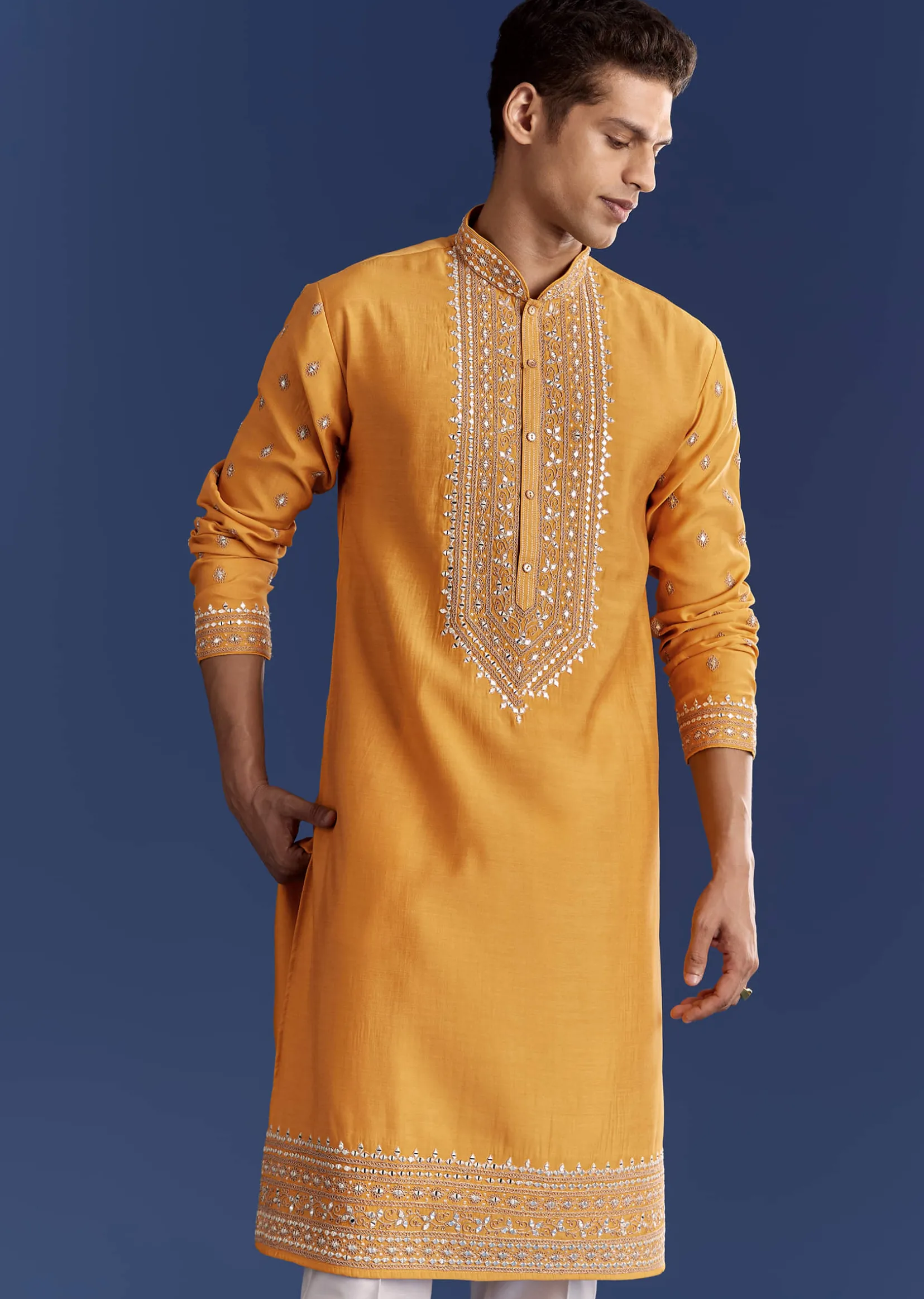 Yellow Silk Kurta Set With Yoke Thread And Mirror Work