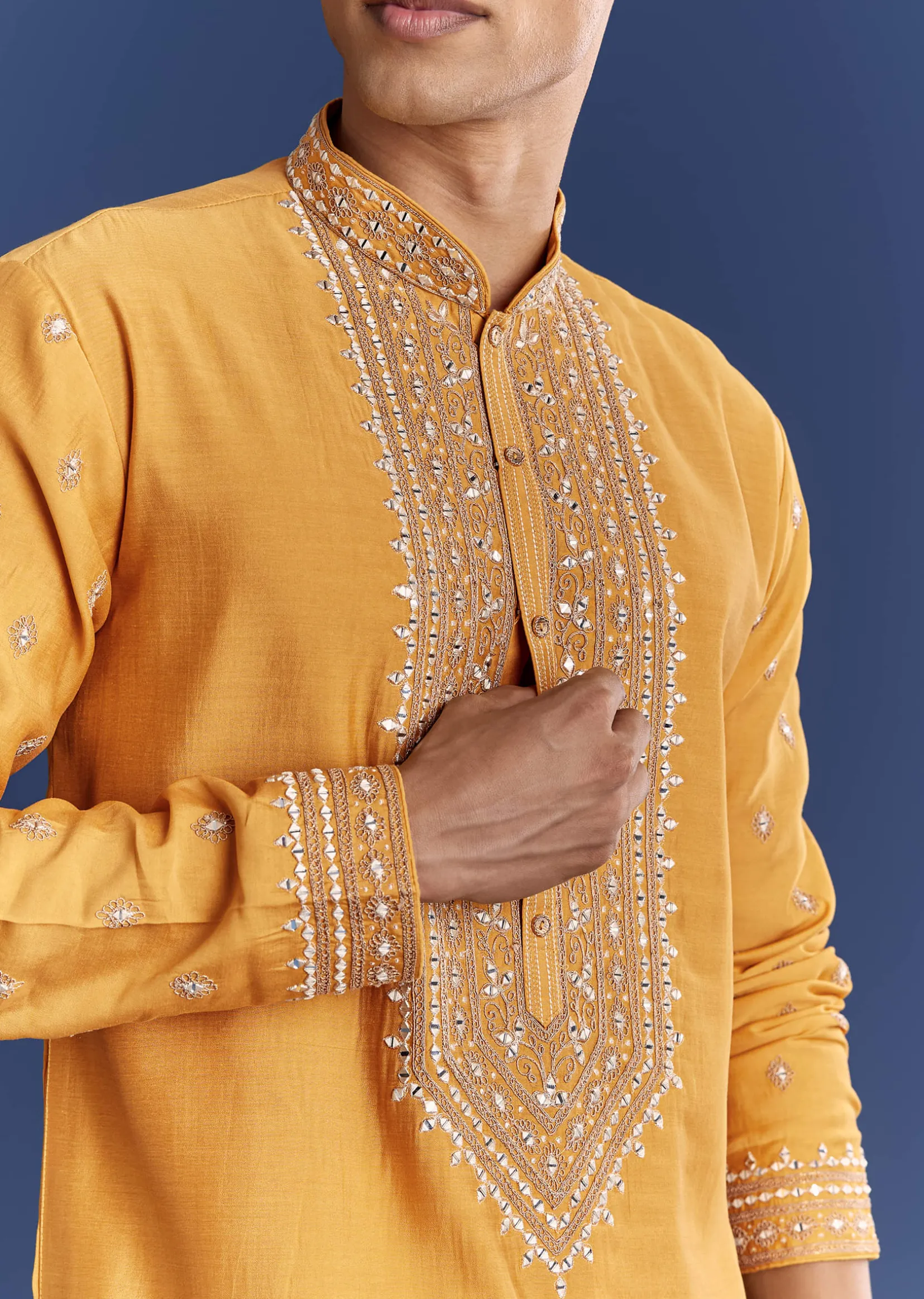 Yellow Silk Kurta Set With Yoke Thread And Mirror Work