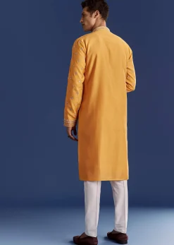 Yellow Silk Kurta Set With Yoke Thread And Mirror Work