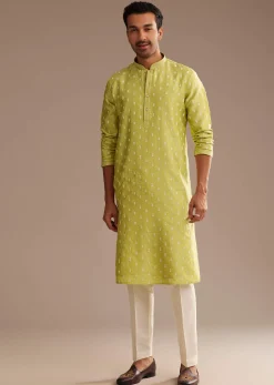Yellow Silk Kurta Set With Embroidery