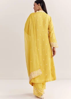 Yellow Silk Kurta Set With Thread Work And Organza Dupatta
