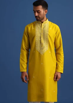 Yellow Silk Kurta Set With Mirror Embroidery