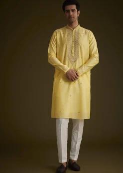 Yellow Silk Kurta Set With Resham Embroidery
