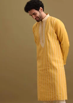 Yellow Silk Kurta Set With Resham Work For Men