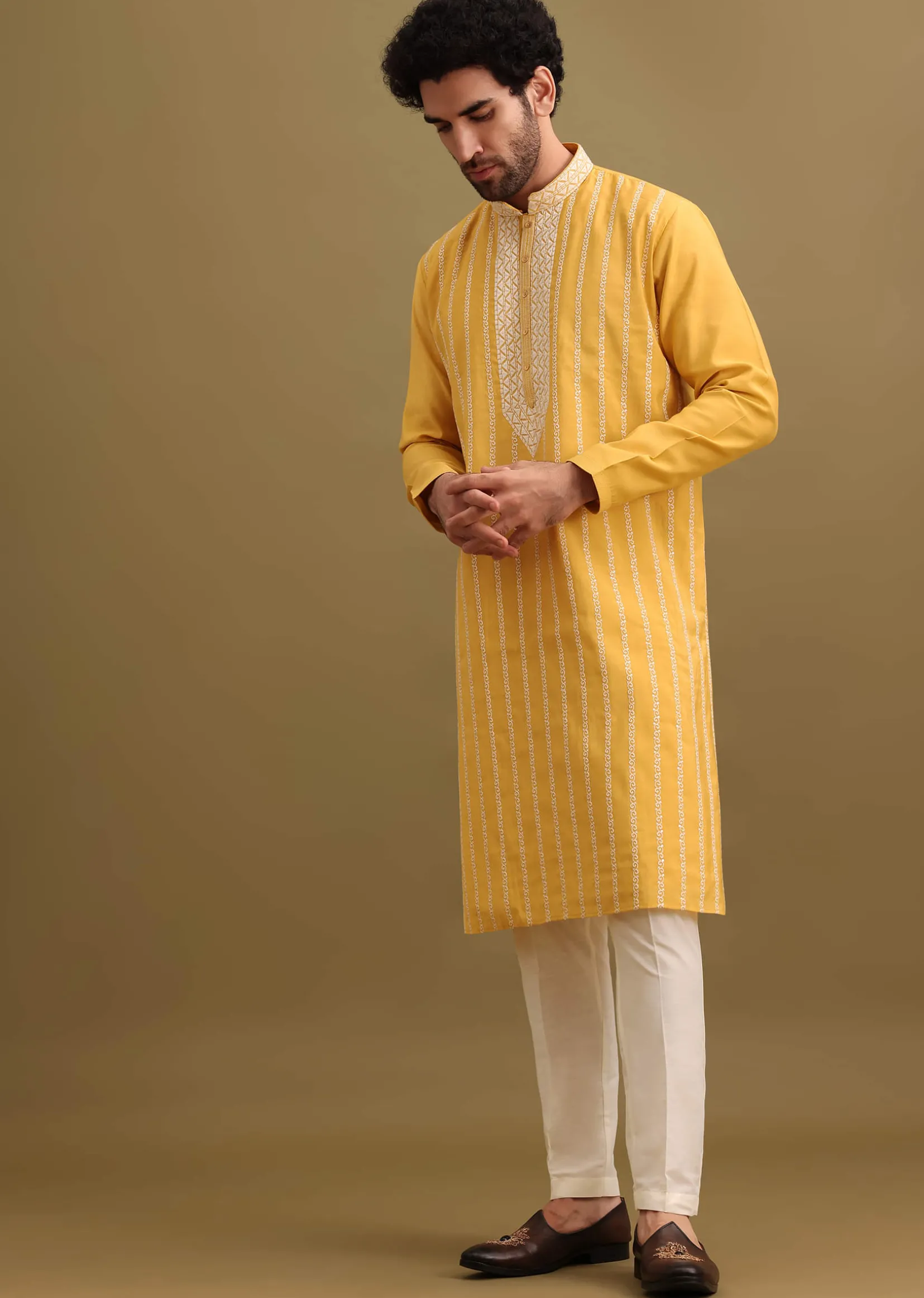 Yellow Silk Kurta Set With Resham Work For Men