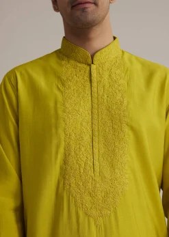 Yellow Silk Kurta With Thread Embroidery