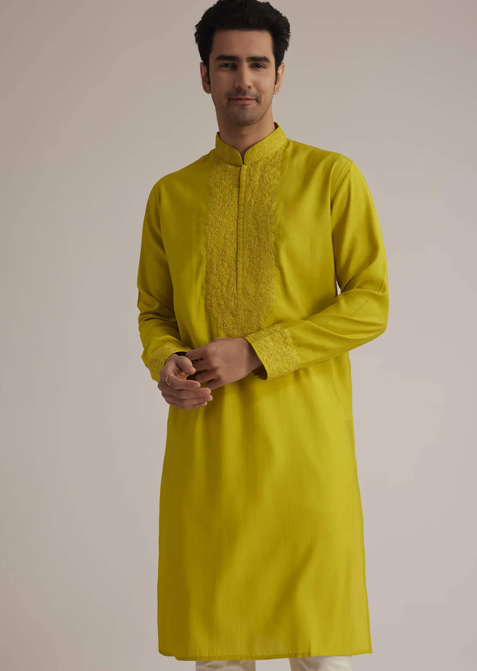 Yellow Silk Kurta With Thread Embroidery