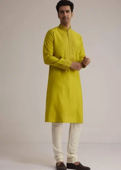 Yellow Silk Kurta With Thread Embroidery