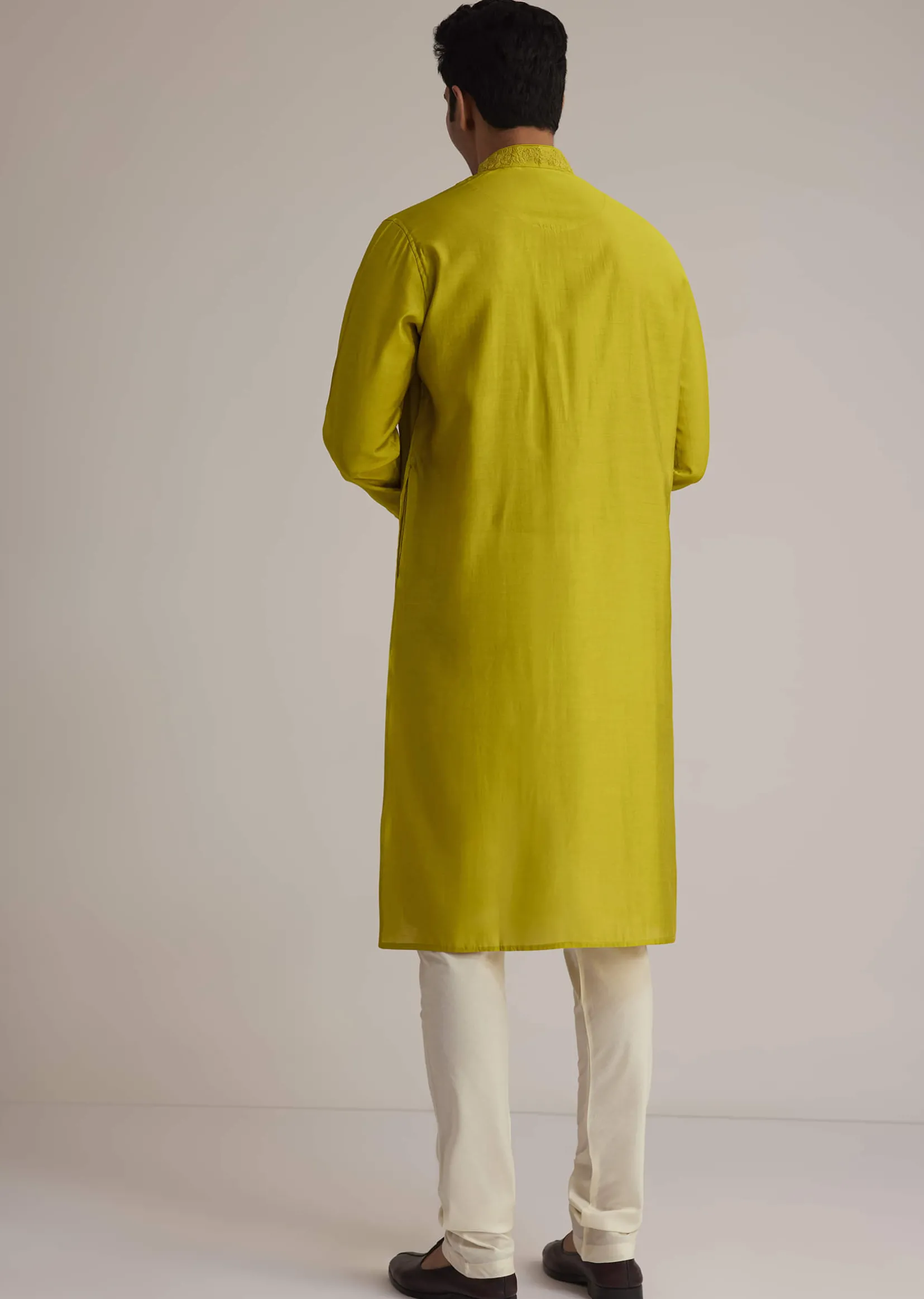 Yellow Silk Kurta With Thread Embroidery