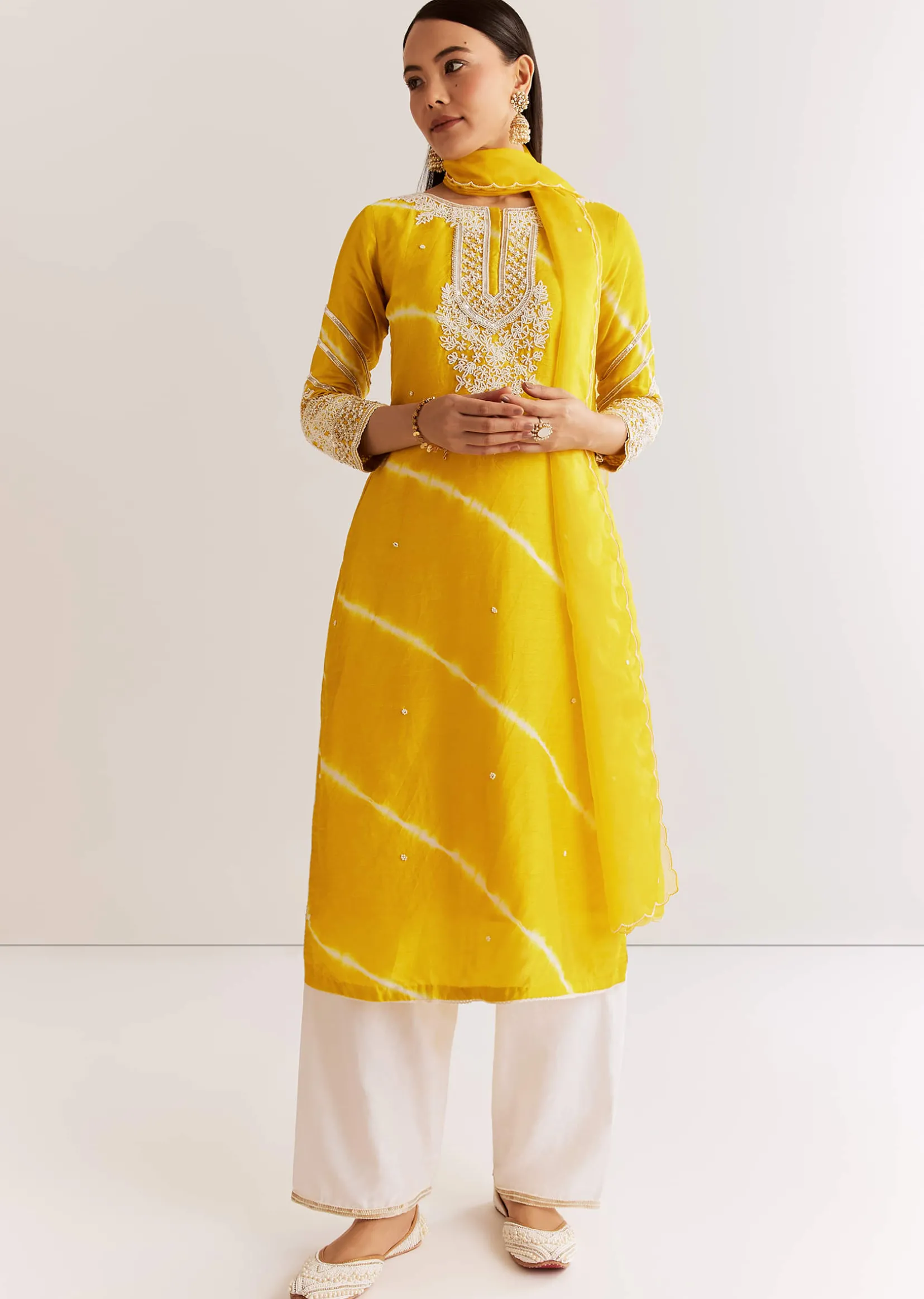 Yellow Silk Leheriya Kurta Set With Moti Work