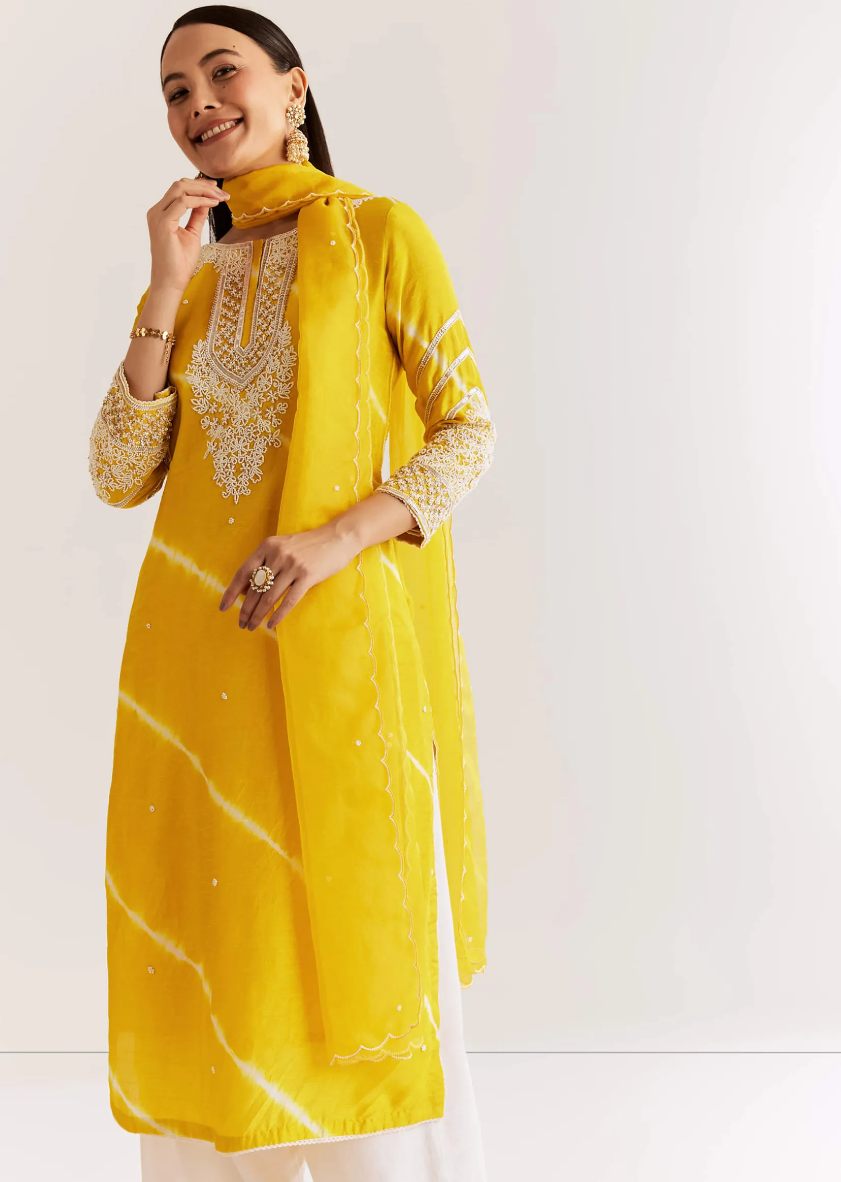 Yellow Silk Leheriya Kurta Set With Moti Work