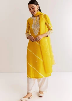 Yellow Silk Leheriya Kurta Set With Moti Work
