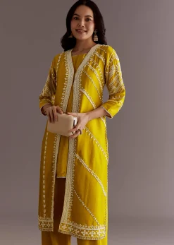 Yellow Silk Moti Sequin Embroidered Jacket Suit
