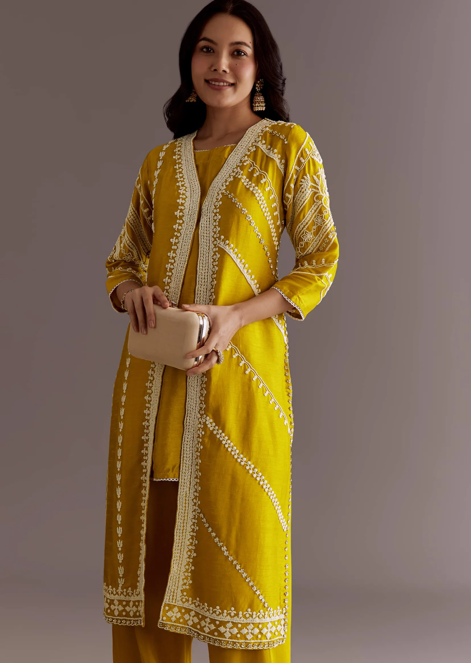 Yellow Silk Moti Sequin Embroidered Jacket Suit