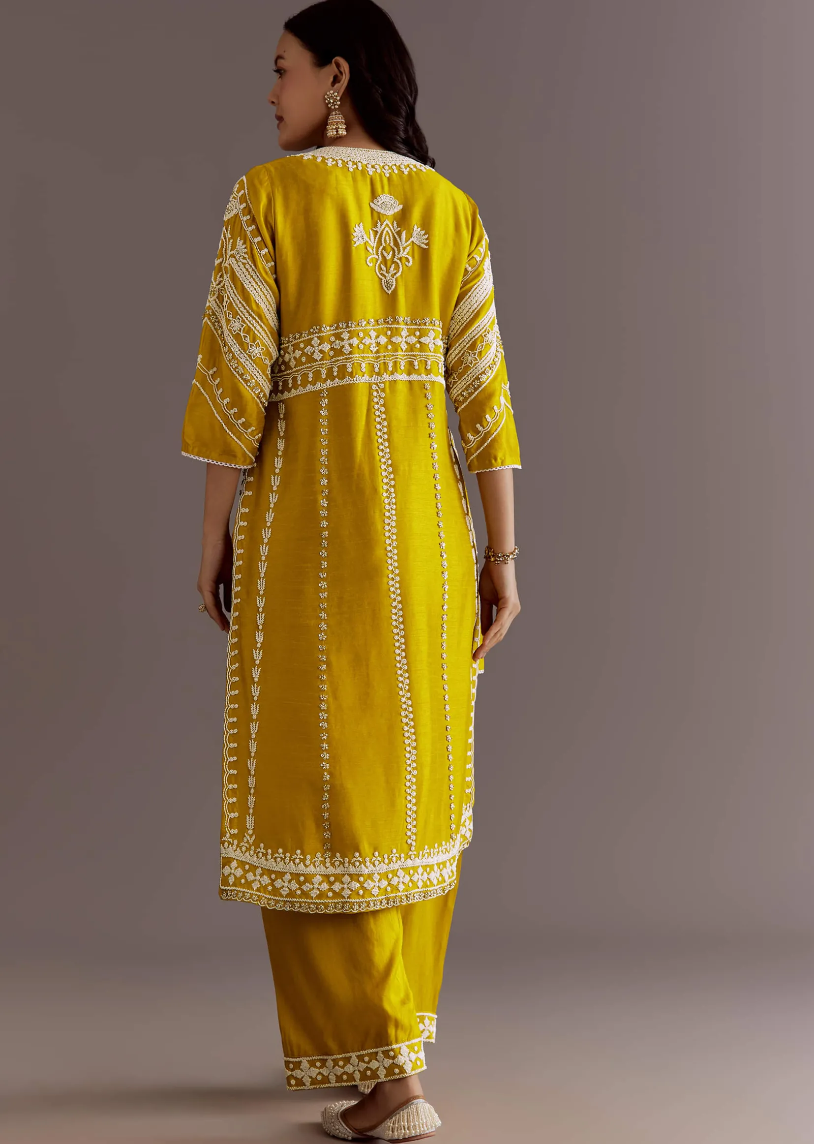 Yellow Silk Moti Sequin Embroidered Jacket Suit