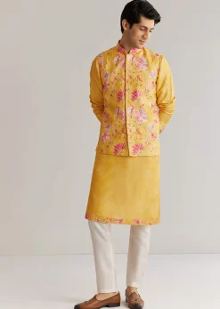 Yellow Silk Stone Sequins Cutdana Kurta Jacket Set