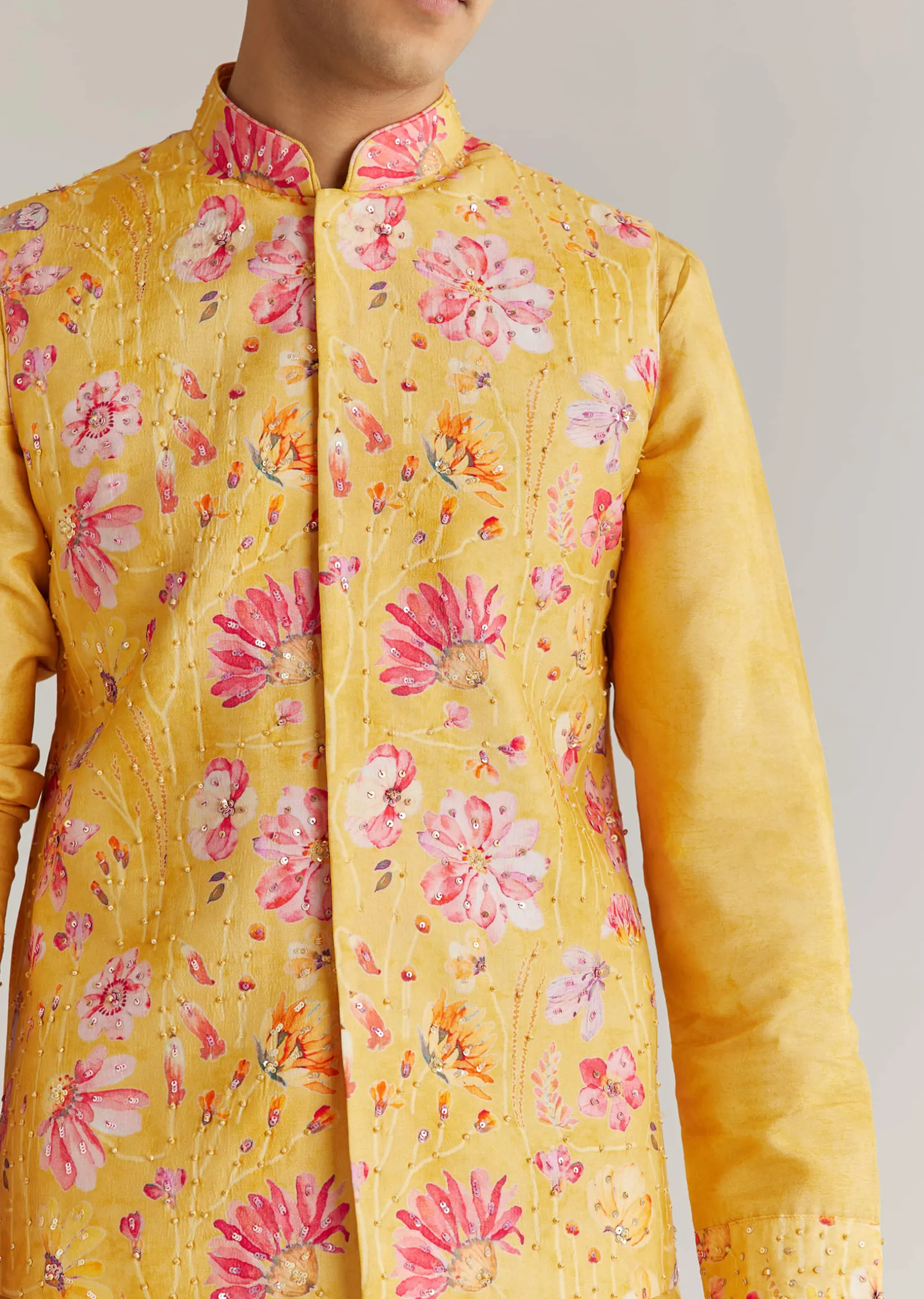 Yellow Silk Stone Sequins Cutdana Kurta Jacket Set