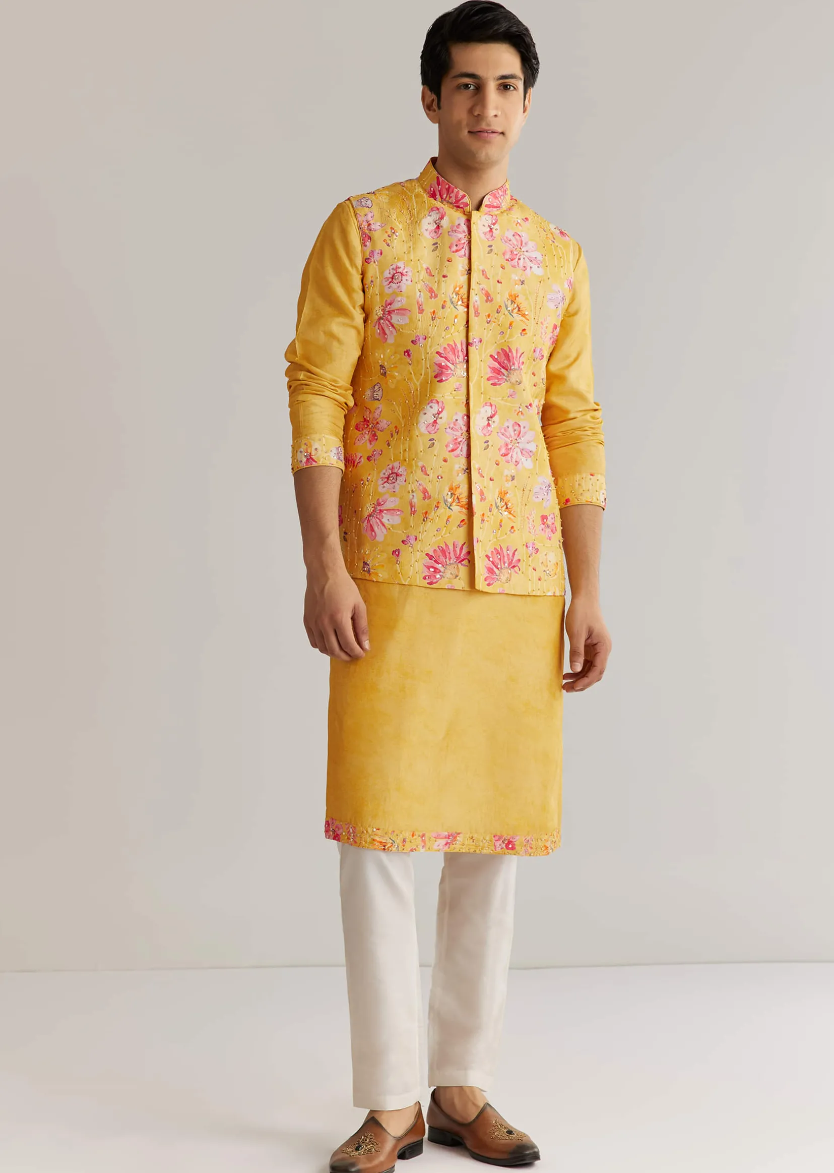 Yellow Silk Stone Sequins Cutdana Kurta Jacket Set