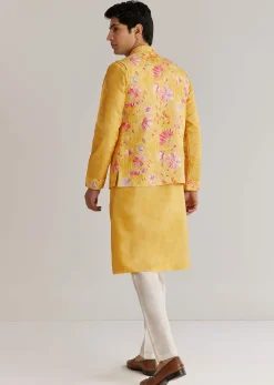 Yellow Silk Stone Sequins Cutdana Kurta Jacket Set