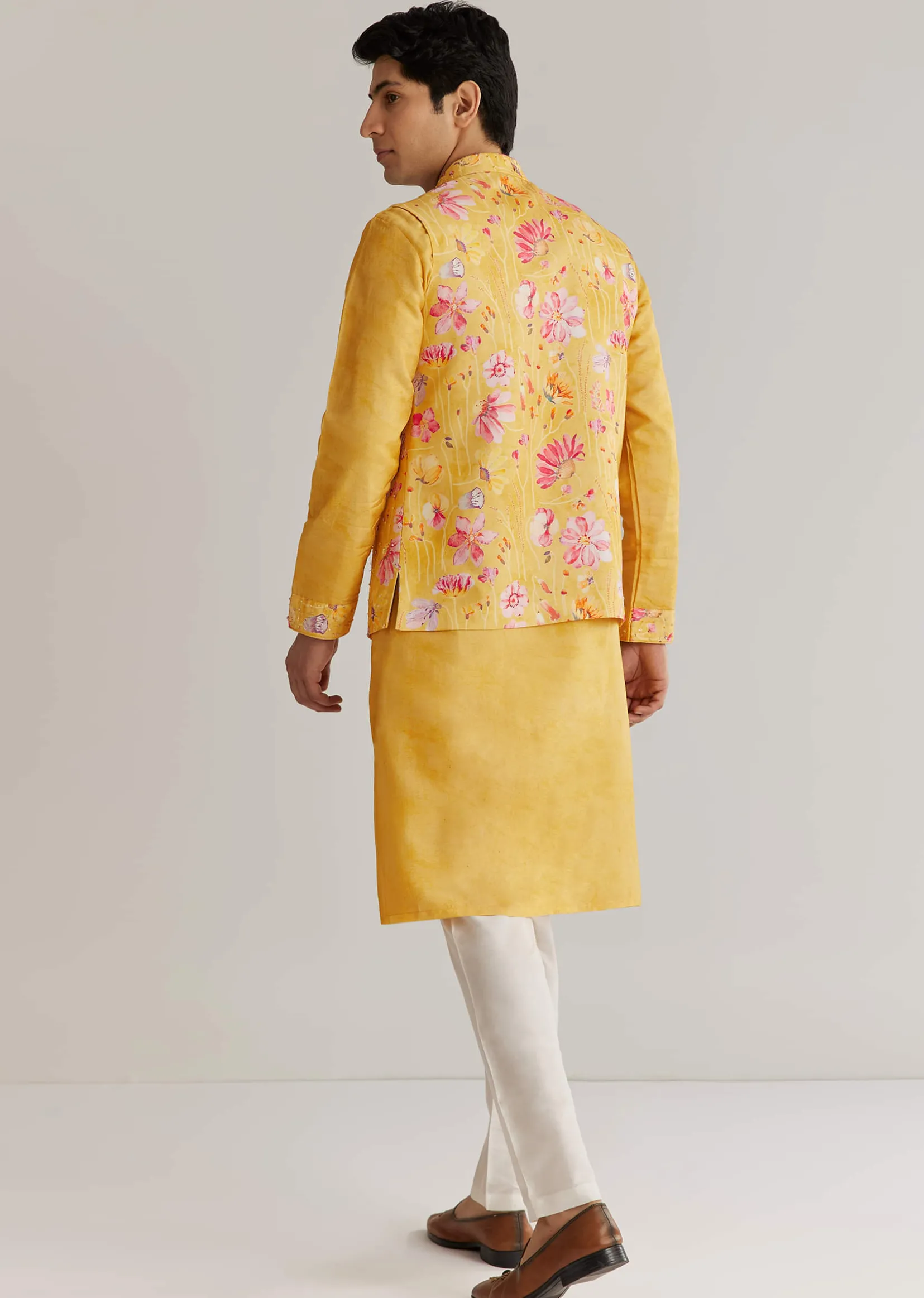 Yellow Silk Stone Sequins Cutdana Kurta Jacket Set