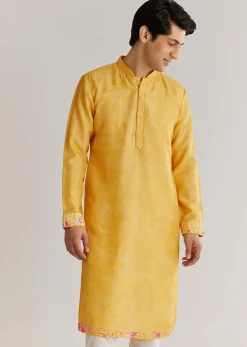 Yellow Silk Stone Sequins Cutdana Kurta Jacket Set