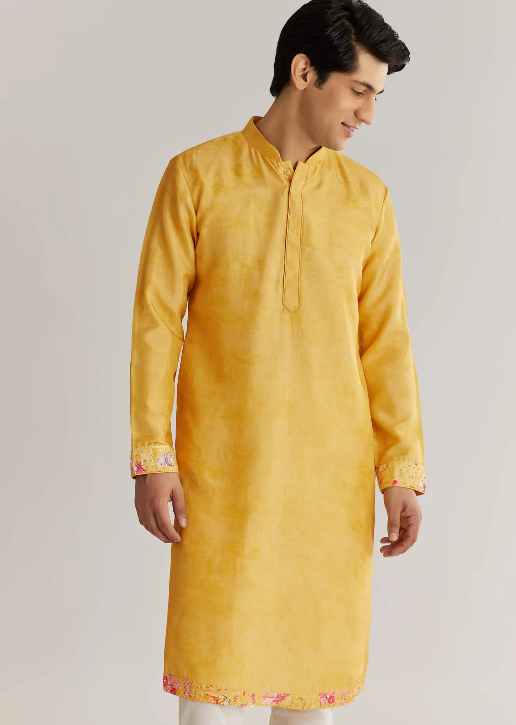 Yellow Silk Stone Sequins Cutdana Kurta Jacket Set