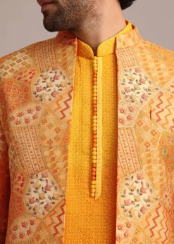 Yellow Silk Thread Resham Work Jodhpuri Kurta Set