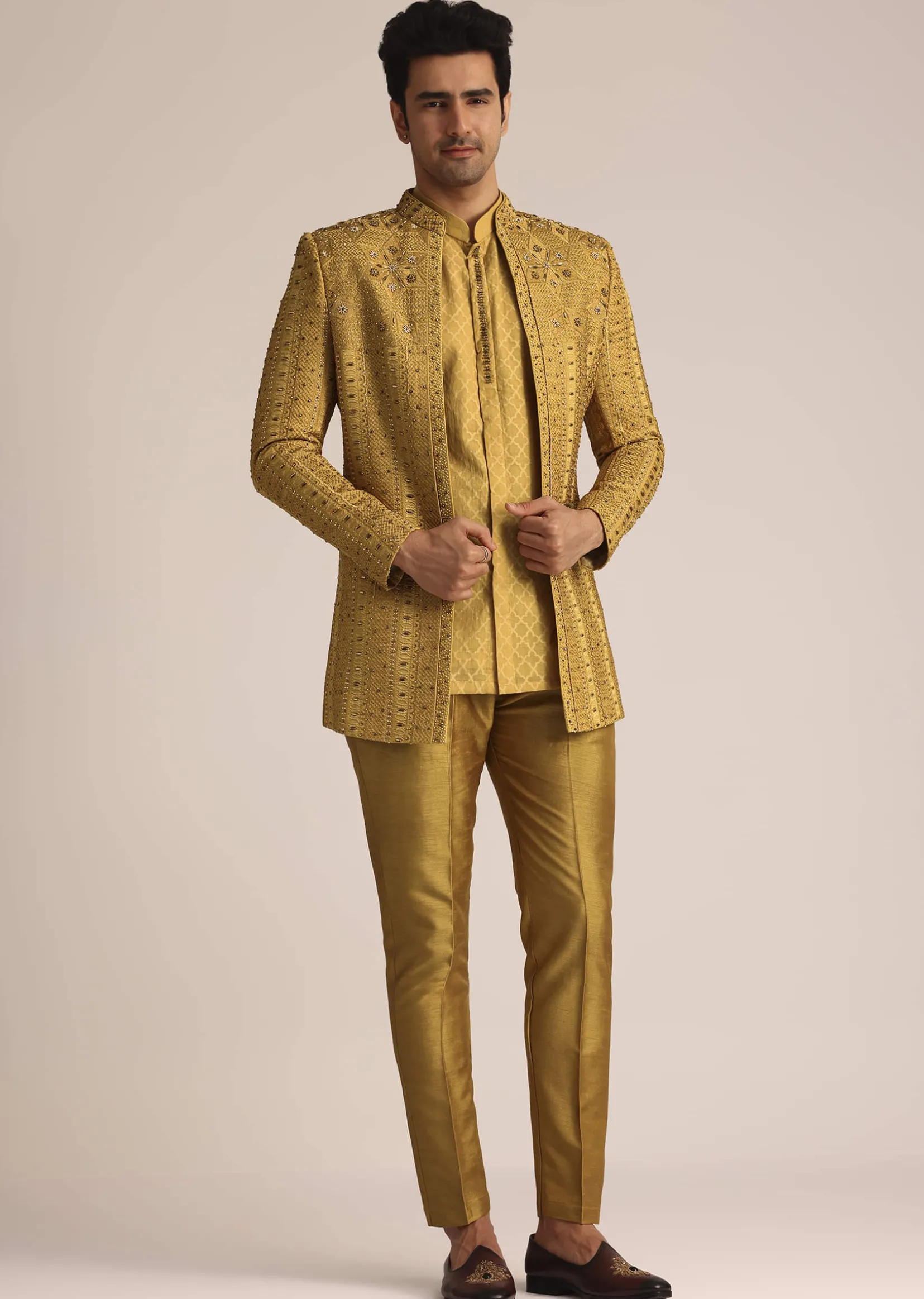 Yellow Silk Zardosi Indowestern Set