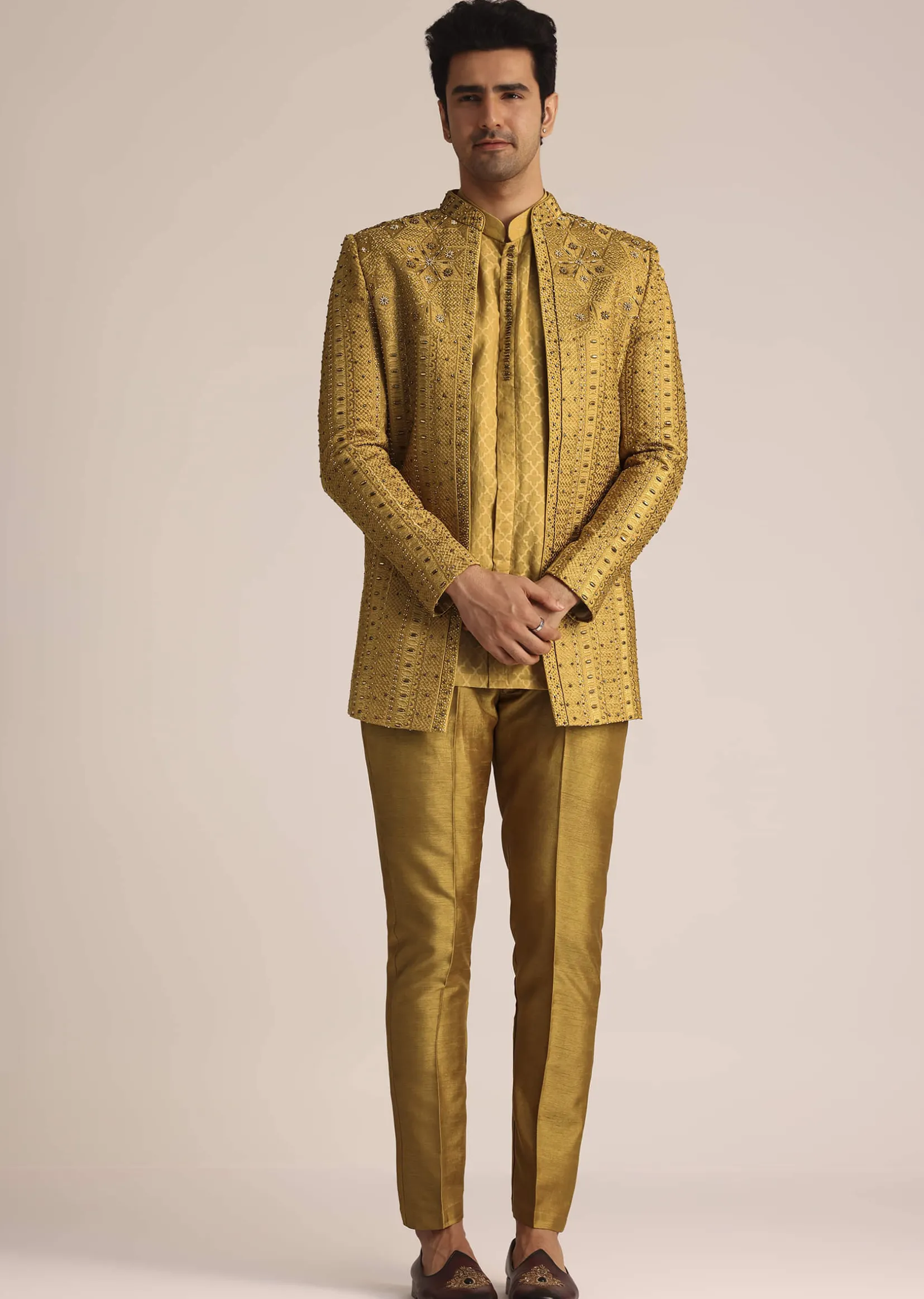 Yellow Silk Zardosi Indowestern Set