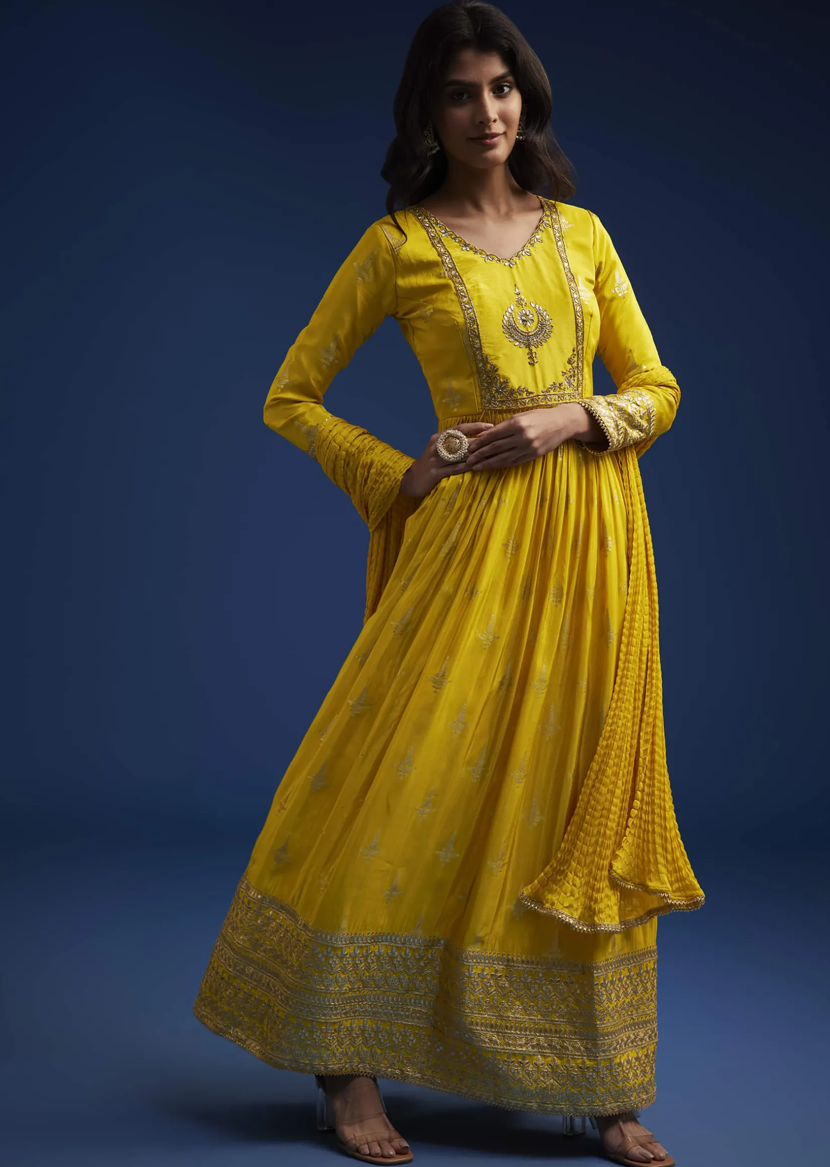 Yellow Tissue Anarkali Set With Gotta Work