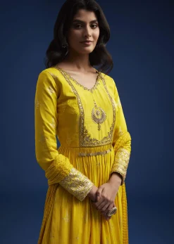 Yellow Tissue Anarkali Set With Gotta Work