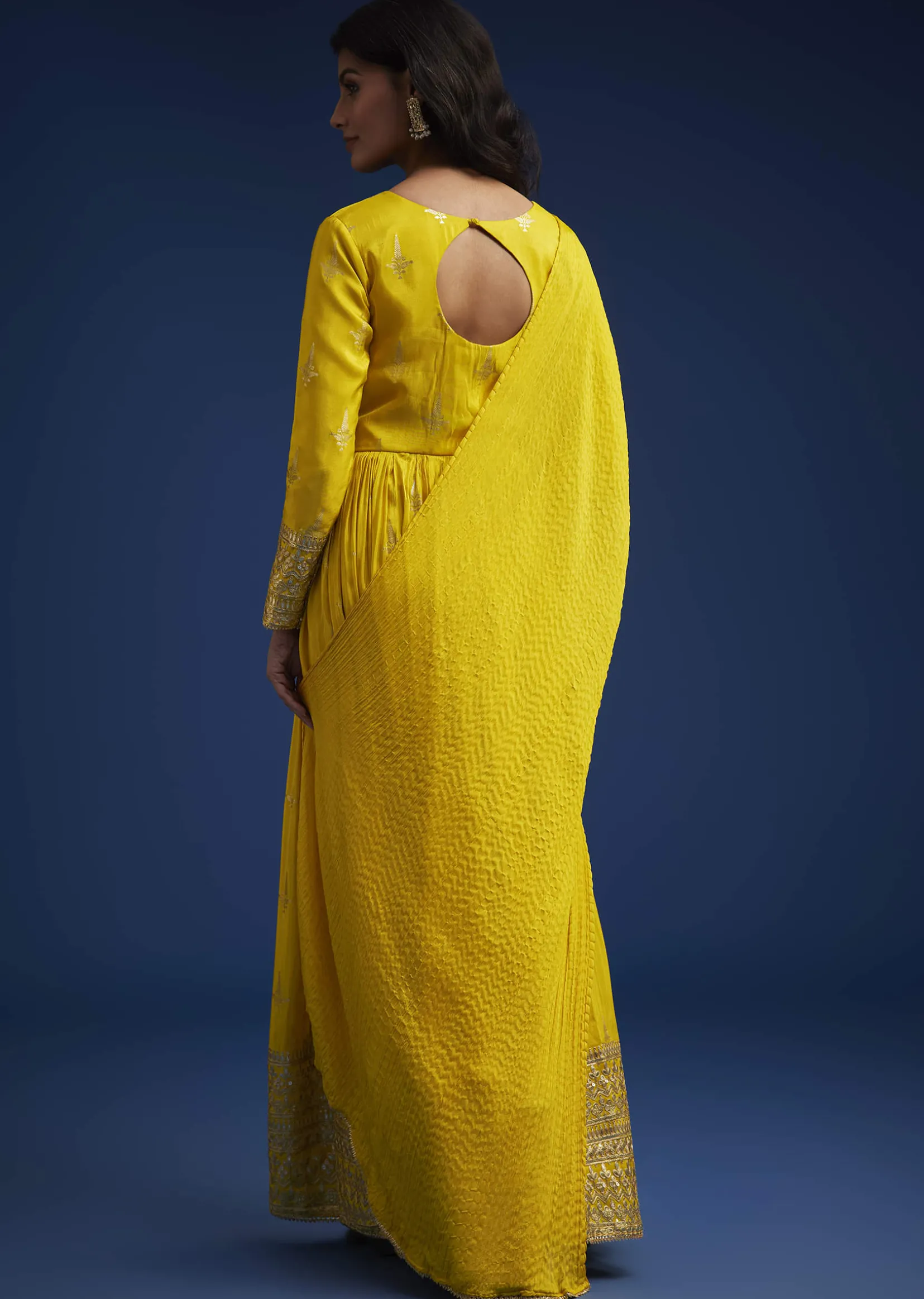 Yellow Tissue Anarkali Set With Gotta Work