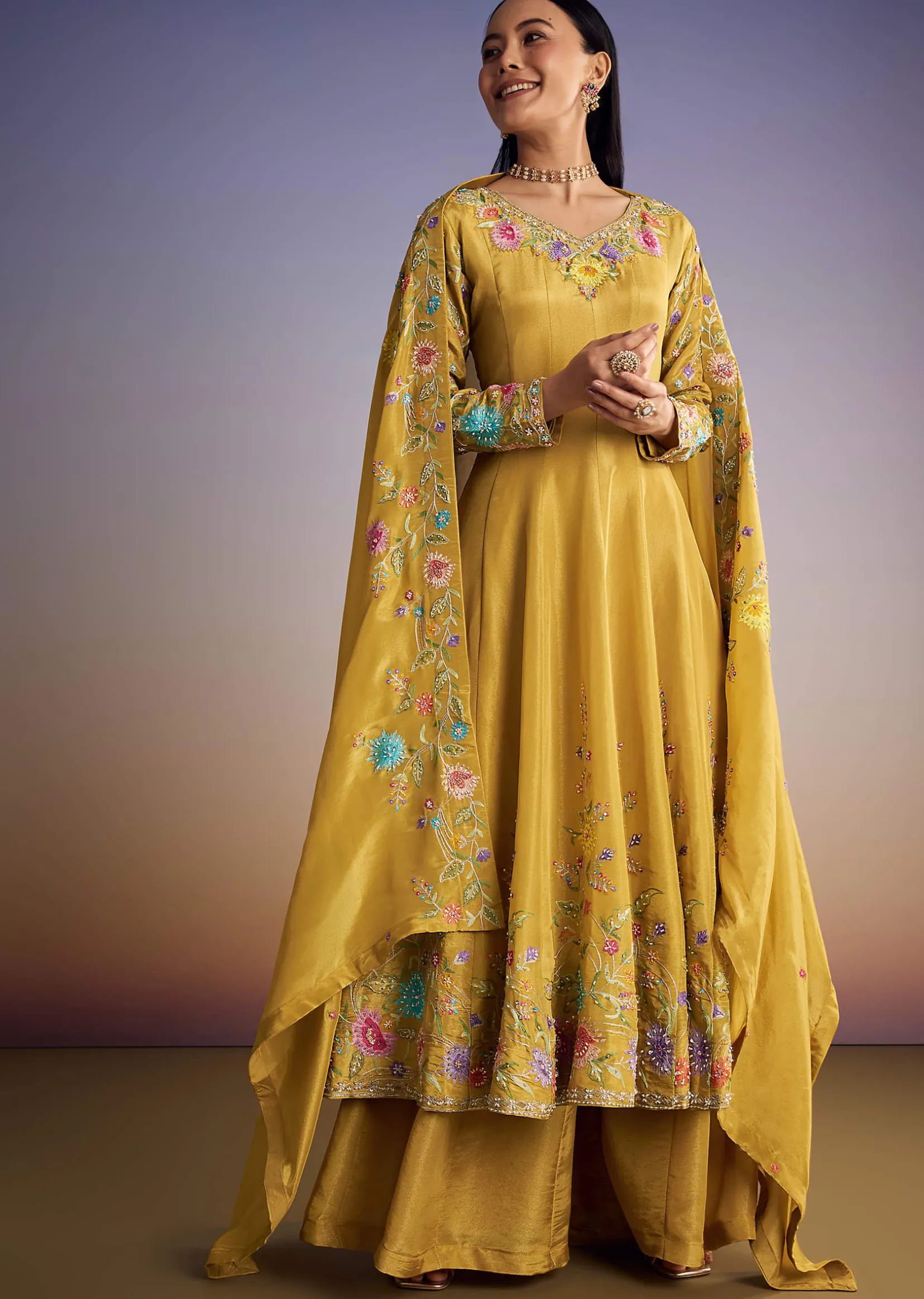 Yellow Tissue Anarkali Set With Resham And Moti Work