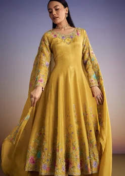 Yellow Tissue Anarkali Set With Resham And Moti Work