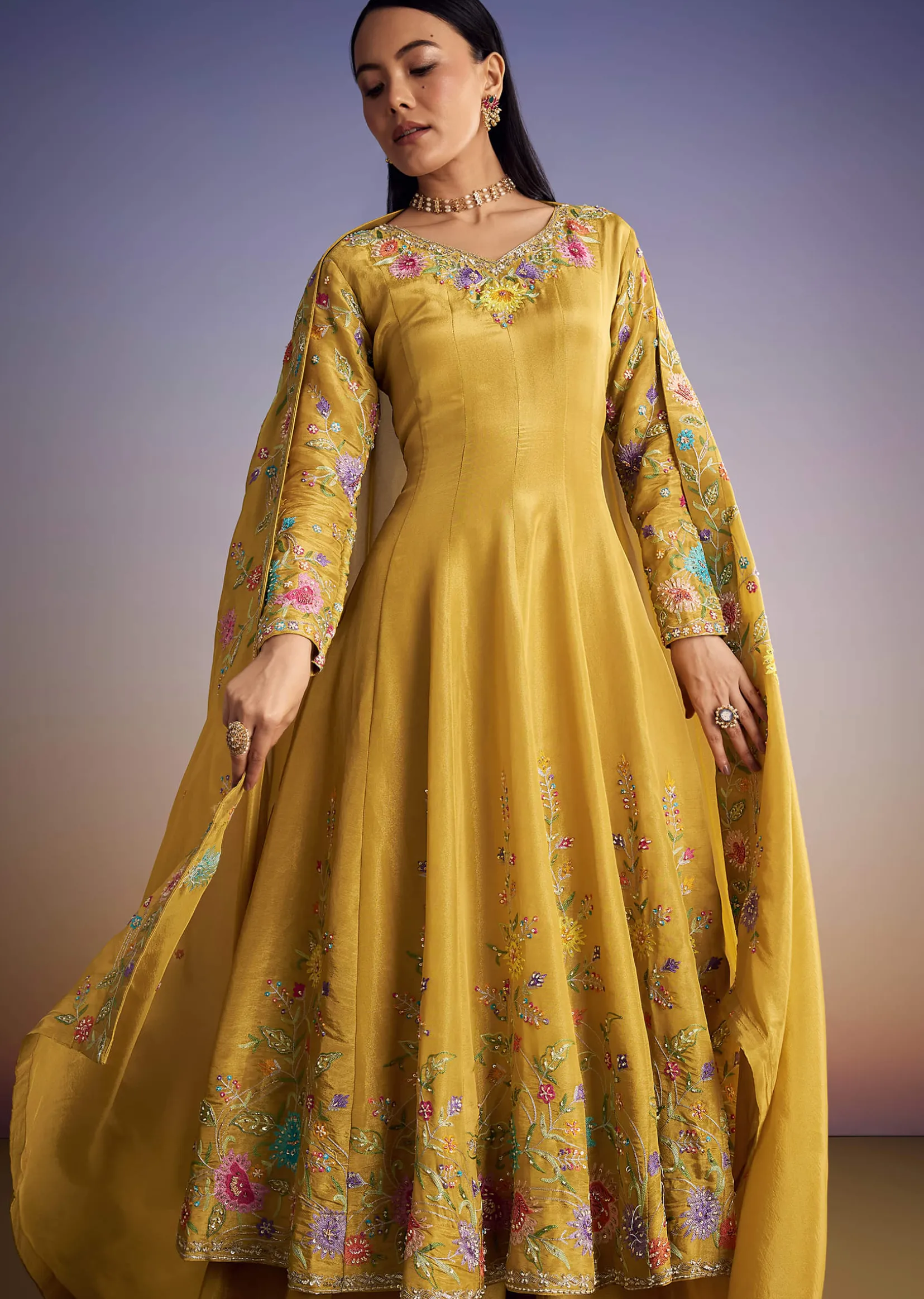 Yellow Tissue Anarkali Set With Resham And Moti Work