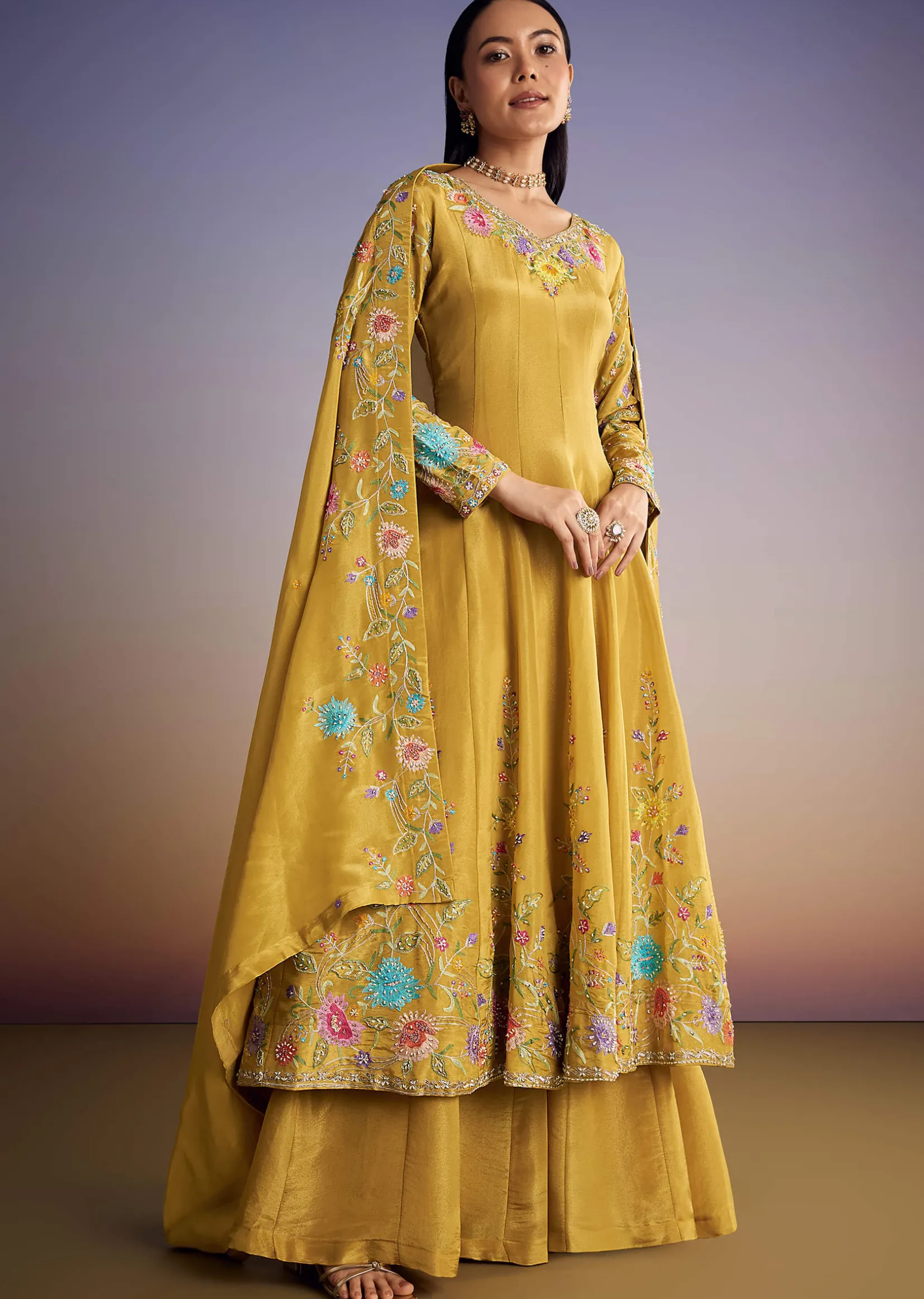 Yellow Tissue Anarkali Set With Resham And Moti Work