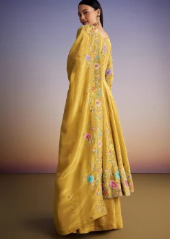 Yellow Tissue Anarkali Set With Resham And Moti Work