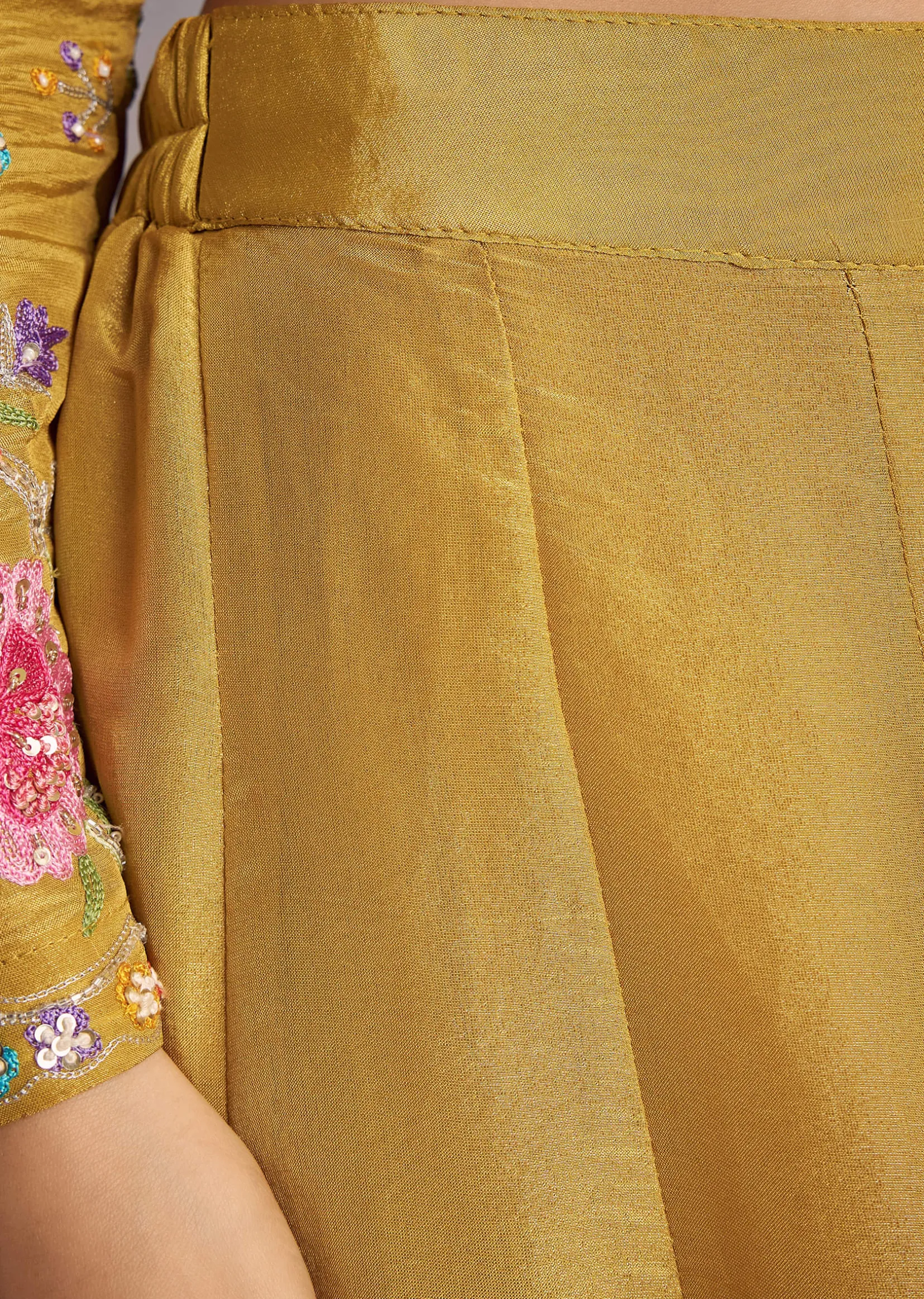 Yellow Tissue Anarkali Set With Resham And Moti Work