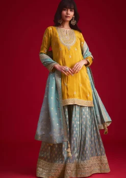 Yellow Tissue Embroidered Kurta Palazzo With Zari Border Dupatta